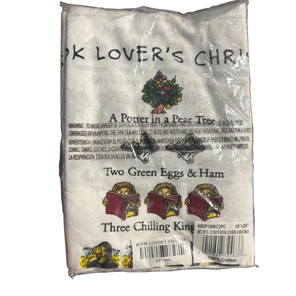 David Price Book Lover's 12 Days of Christmas Tea Towel Set 2pc Cotton 18x26 NEW
